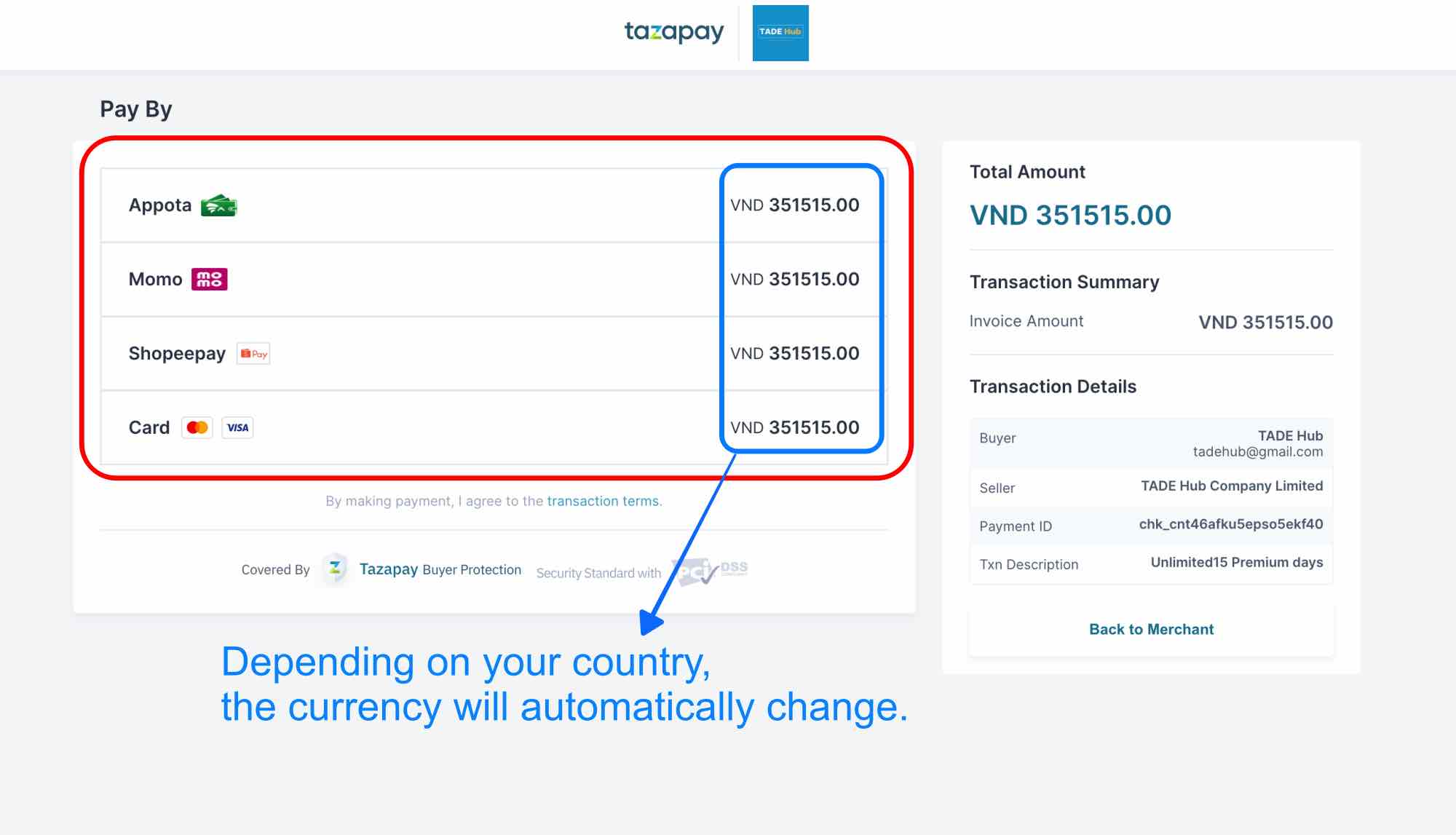 Step 2-Tazapay payment methods