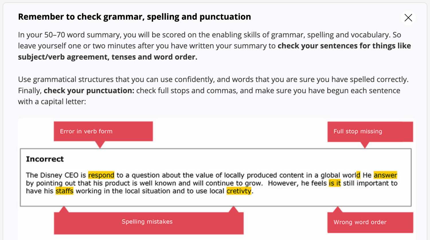 Check grammar and punctuation, Pearson Test of English, PTE Practice Website, PTE Preparation Materials, PTE Academic