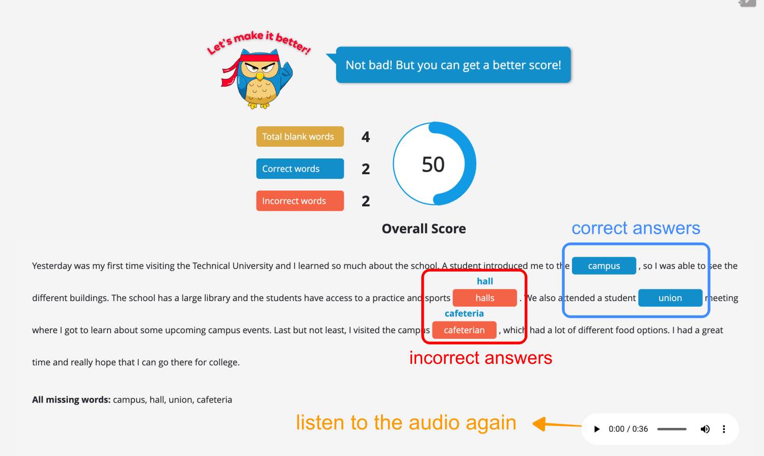 Fill in the blanks feedback, PTE Practice Website, PTE Preparation Guide, PTE Academic, PTE Practice Materials