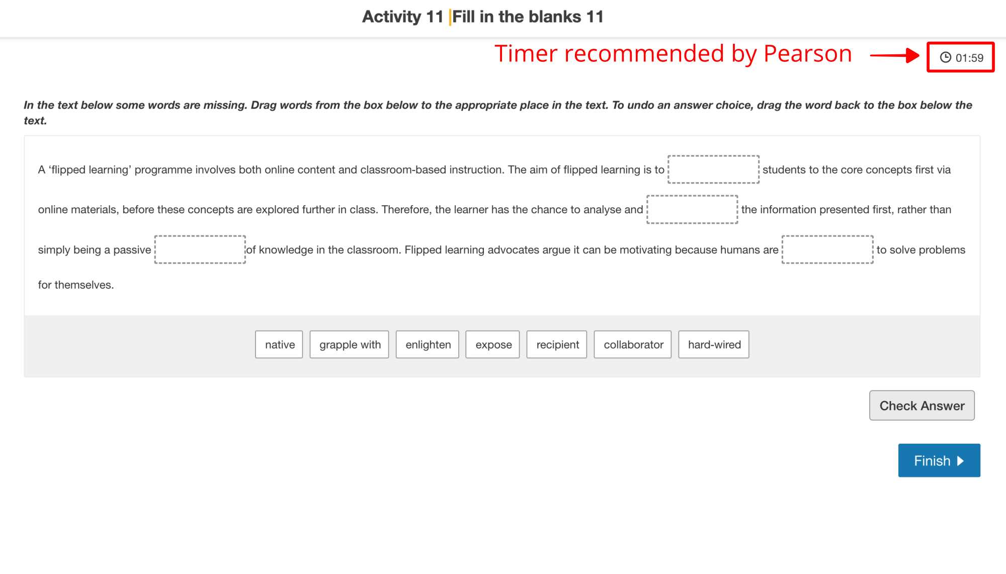 R Fill in the Blanks timer, PTE Academic Time Management, PTE Practice Website, PTE Preparation Materials, PTE Core Time Management