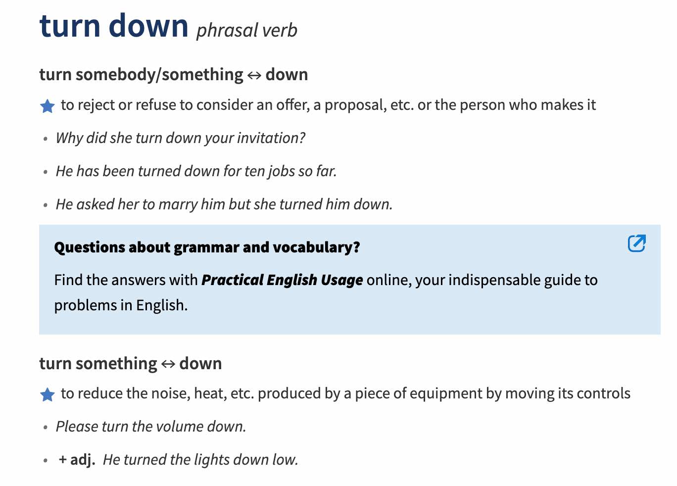 Oxford dictionary turn down, Pearson Test of English, PTE Academic, PTE Preparation, PTE Practice Materials