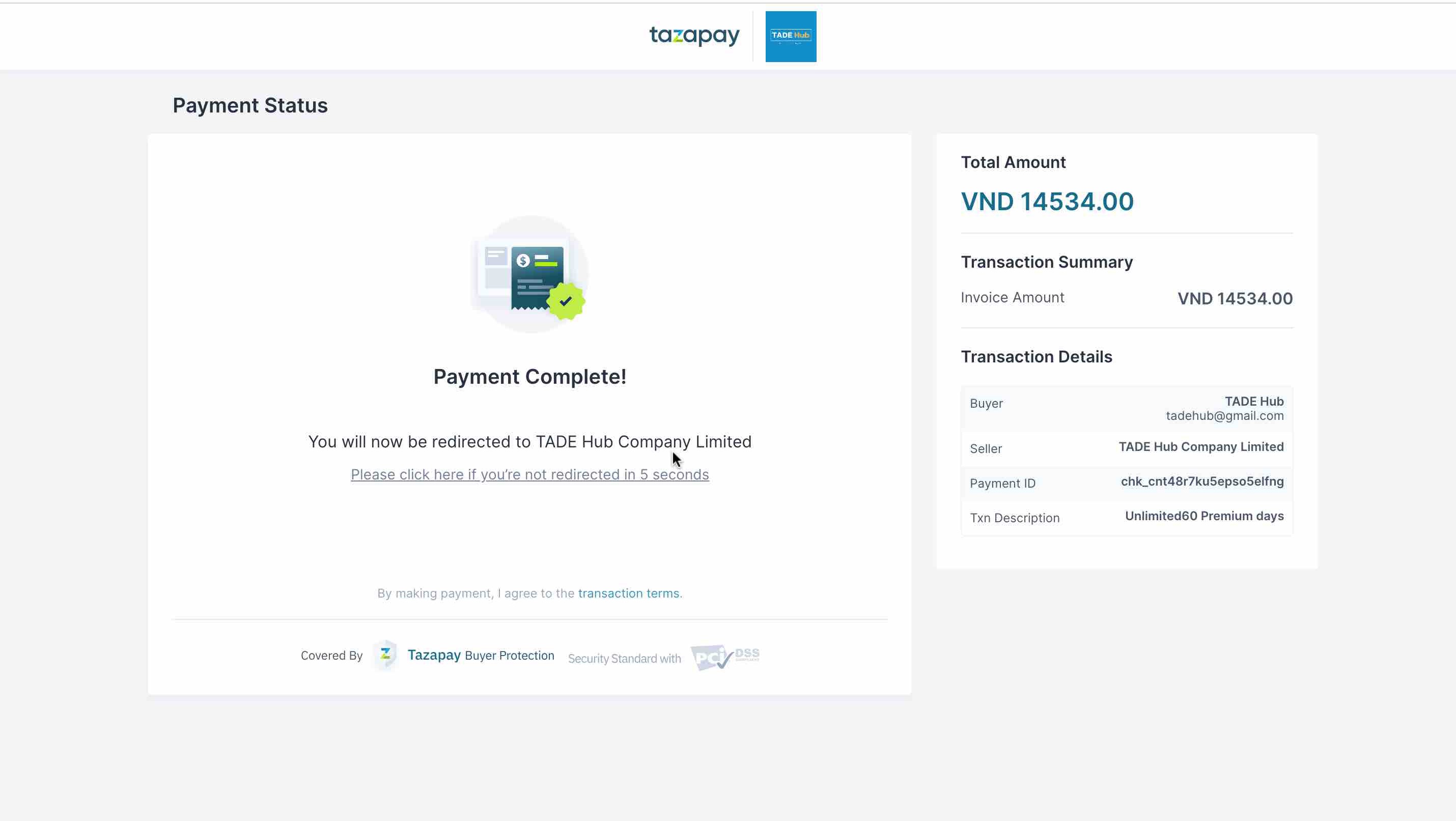 Step 3-Tazapay payment confirmed
